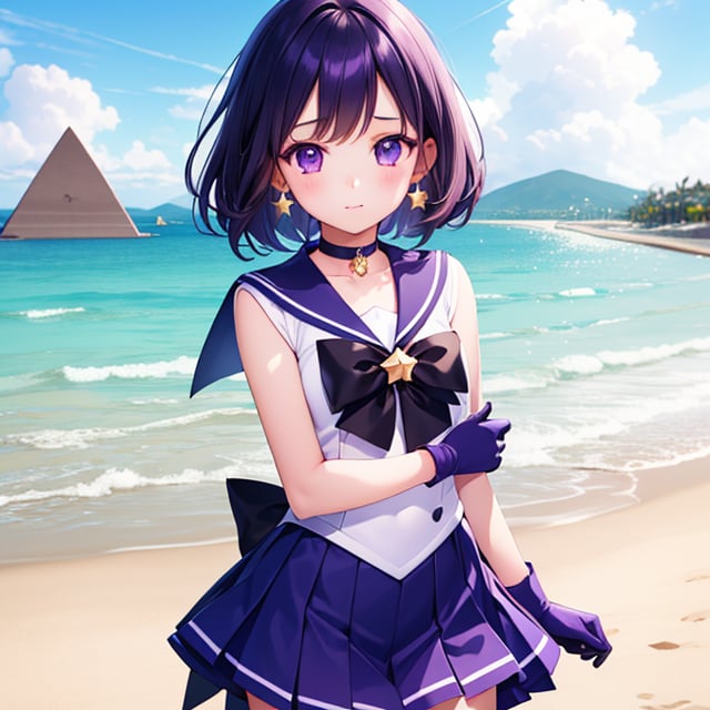 
(6 year old girl:1.7), 
(solo:1.1),  

A 6-year-old Japanese schoolgirl incorporating Sailor Saturn elements,  
looking at the viewer,  
cowboy shot,  

(In front of the pyramid:1.3),  

short purple hair,  
purple eyes,  

magical girl outfit,  
sailor senshi uniform,  
miniskirt,  
purple sailor collar,  
white gloves,  
circlet,  
brooch,  
choker,  
earrings,  
gloves,  
jewelry,  
star choker,  

beautiful and detailed illustration,  
high-quality,  
8k resolution,  
perfect lighting,  
extremely detailed CG,  
perfect hands and anatomy,  
masterpiece,  

bright,  
sunny day at a beach with a clear blue sky and soft sand.  
