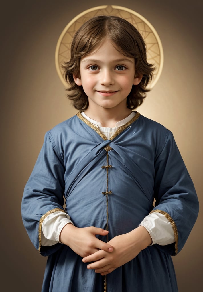 Create a portrait of a 5-year-old boy embodying the image of Jesus Christ, wearing upper body attire, using the High Renaissance style of Leonardo da Vinci. Include elements such as sfumato technique, enigmatic smile, realistic adolescent anatomy, intricate drapery, and chiaroscuro lighting