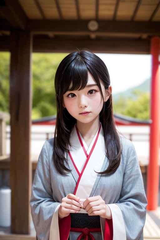 A six-year-old Japanese girl with long black hair, wearing a traditional kimono, stands in front of a camera, facing forward. She is standing in front of a serene ancient Japanese shrine, its wooden structure adorned with intricate carvings and surrounded by lush greenery. The girl's expression is one of tranquility and reverence, her eyes gazing at the shrine with a sense of awe. The lighting is soft and natural, casting a warm glow on the scene.