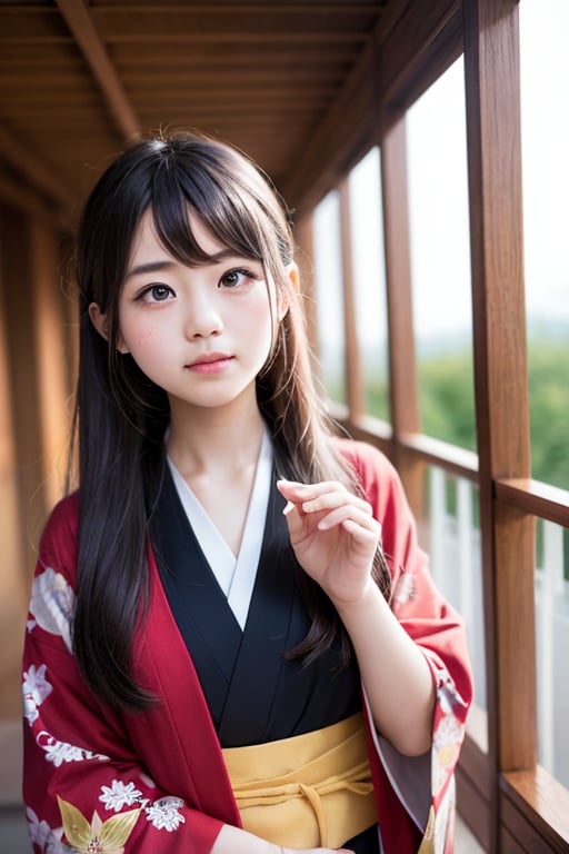 A six-year-old Japanese girl with long black hair, wearing a traditional kimono, stands in front of a camera, facing forward. She is standing in front of a serene Japanese Buddhist temple, its wooden structure adorned with intricate carvings and surrounded by lush greenery. The girl's expression is one of tranquility and reverence, her eyes gazing at the temple with a sense of awe. The lighting is soft and natural, casting a warm glow on the scene.