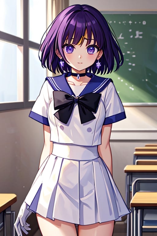 a 6-year-old Japanese schoolgirl, incorporating Sailor Saturn elements, (purple eyes:1.1),  (in a classroom setting:1.2),short purple hair, circlet, brooch, choker, earrings, gloves, jewelry, magical girl, miniskirt, purple sailor collar, sailor collar, sailor senshi uniform, skirt, star choker, white gloves, BREAK school background, daytime, natural light, BREAK looking at viewer, (cowboy shot:1.5),BREAK (masterpiece:1.2), best quality, high resolution, unity 8k wallpaper, (illustration:0.8), (beautiful detailed eyes:1.6), extremely detailed face, perfect lighting, extremely detailed CG, (perfect hands, perfect anatomy), sailor saturn.