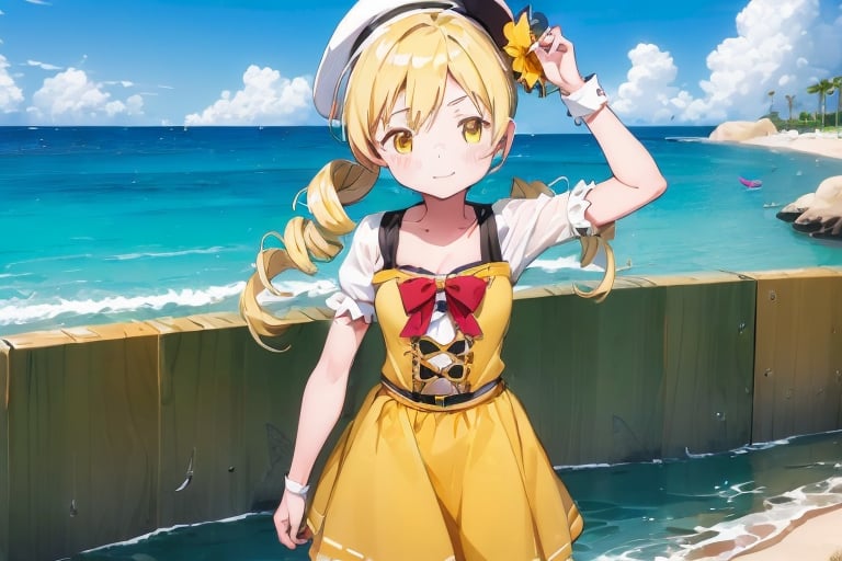 
(6 year old girl:1.7), 
standing,
(cowboy shot:1.3), 
best quality, masterpiece, highres, solo, blonde_hair, drill_hair, twin_drills, twintails, hair_ornament, yellow_eyes, magical_girl, 1girl, beret, hat, parody, bright sunny beach, ocean, sand, clear sky
