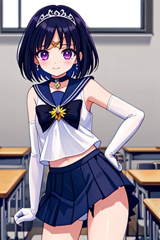 a 6-year-old Japanese girl,  (in a classroom setting:1.2), (masterpiece, best quality:1.2), solo, 1girl, sailor saturn, magical girl, smile, closed mouth, looking at viewer, hand on hip, tiara, sailor senshi uniform, pleated skirt, elbow gloves, jewelry, brooch, choker,sailor saturn, midriff, sexy pose+++, (((Y2K, visible underwear straps)))