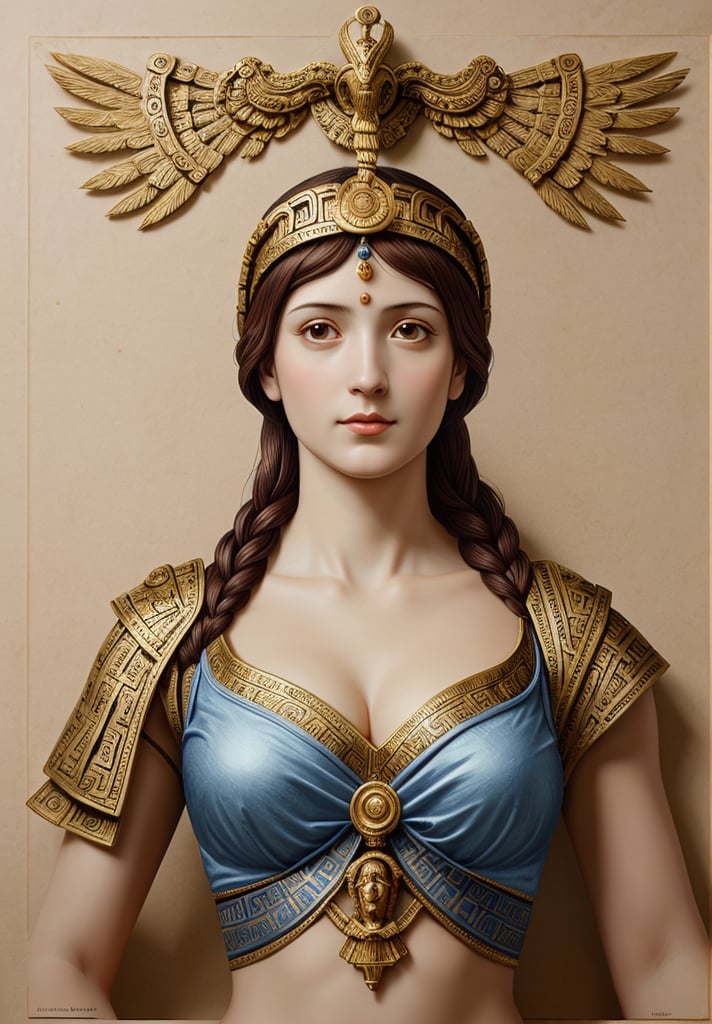 Create a portrait of Athena, the Greek goddess, wearing upper body attire, in the style of Leonardo da Vinci. Incorporate elements such as sfumato technique, realistic human anatomy, intricate drapery, and chiaroscuro lighting to capture the essence of the High Renaissance