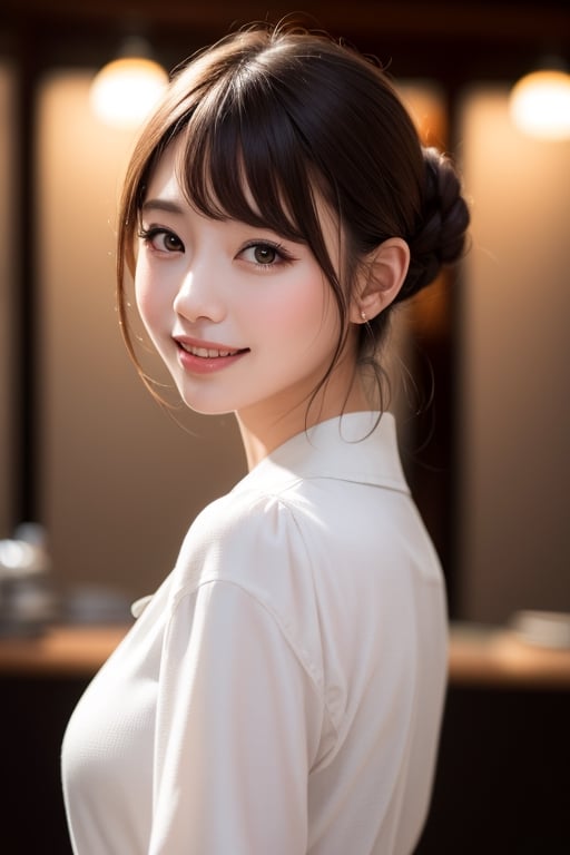 Masterpiece, top quality, official art, highly detailed CG Unity 8K wallpaper, like a , very delicate and beautiful, ultra high resolution, (photorealistic: 1.4), golden hour lighting, (upper body), (platinum shorthair: 0.8), (puffy eyes), looking at the viewer, facing the front, smiling, JK skirt, white dress, Shirt Lift Long Black Hair