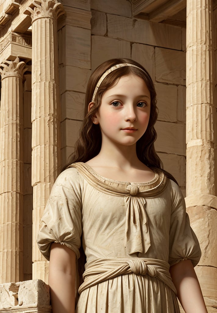 A painting of a 5-year-old girl in an ancient Greek city, rendered in Leonardo da Vinci's distinctive style. The scene should feature the Parthenon and other classical Greek architecture in the background. Use sfumato technique for soft transitions between light and shadow. Include intricate details of Greek columns, statues, and the girl's clothing. Capture the girl's curious expression and delicate features with da Vinci's characteristic realism. Incorporate a starry night sky to add depth and mystery. Blend Renaissance painting techniques with ancient Greek aesthetics, emphasizing natural light and shadow to create a harmonious composition.