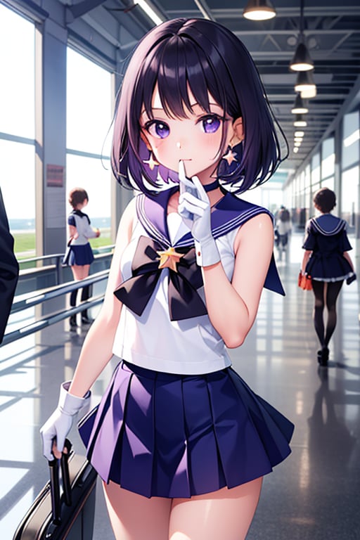 (solo:1.5),
(A five-year-old girl:1.5),
(Five years old:1.5),
(infant:1.5),
(little girl:1.5),
A 6-year-old Japanese schoolgirl incorporating Sailor Saturn elements,
looking at the viewer,
cowboy shot,

short purple hair,
purple eyes,

magical girl outfit,
sailor senshi uniform,
miniskirt,
purple sailor collar,
white gloves,
circlet,
brooch,
choker,
earrings,
gloves,
jewelry,
star choker,

airport,

beautiful and detailed illustration,
high-quality,
8k resolution,
perfect lighting,
extremely detailed CG,
perfect hands and anatomy,
masterpiece,

bright,
sunny day,