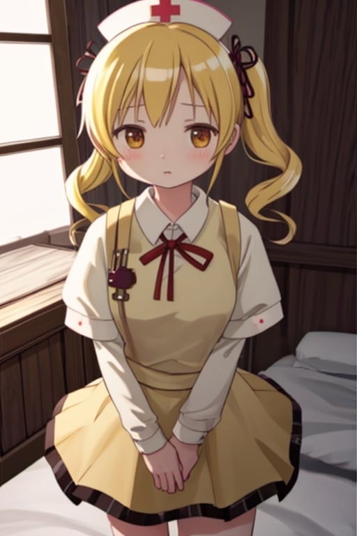 Create a stunning, high-resolution masterpiece of a solo young Japanese girl, around 6 years old, with blonde hair styled in twin drills and twintails, adorned with a cute hair ornament. Her bright yellow eyes sparkle with innocence and curiosity. She wears a traditional Japanese nurse uniform, including a collared shirt, pleated skirt, and a nurse's cap. Her expression is one of playfulness and wonder, capturing the charm and energy of a young child. Generate an image that is highly detailed and visually striking, with a focus on the character's youthful innocence and endearing personality. Highly detailed, masterpiece, 8K, 3D, photorealistic, 1 girl, solo, young, female, Japanese, nurse uniform, nurse's cap, playful expression, curious.