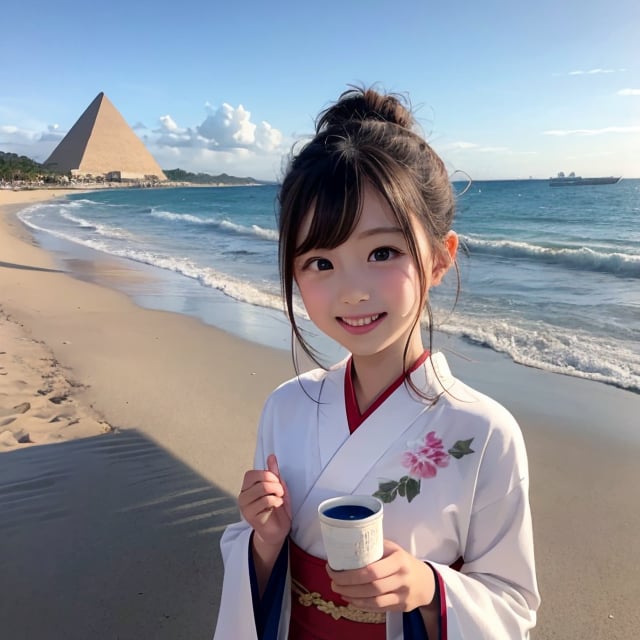 A six-year-old Japanese girl with long black hair, wearing a traditional kimono, stands in front of a camera, facing forward. She is standing on a bright, sunny beach by the sea, with soft sand beneath her feet and a majestic pyramid in the background. The girl's expression is one of joy and wonder, her eyes sparkling as she takes in the beauty of the beach and the pyramid. The lighting is bright and cheerful, casting a warm glow on the scene.