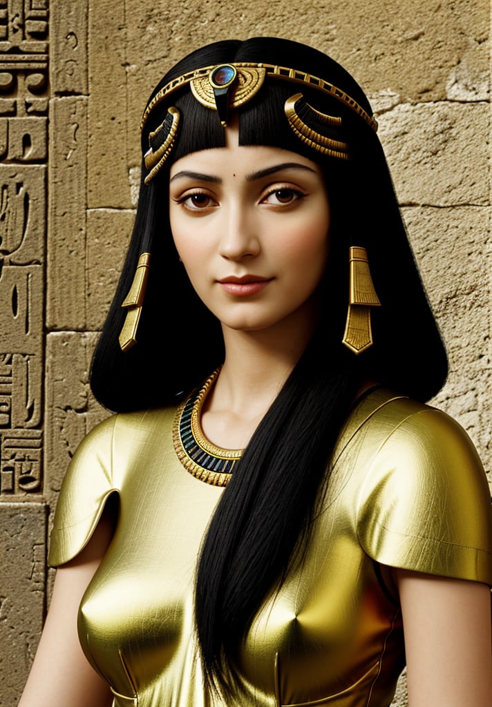 A High Renaissance style painting of the upper body of Cleopatra, the Egyptian queen, depicted in Leonardo da Vinci's distinctive style. The scene should feature intricate architectural details of ancient Egyptian temples and pyramids in the background, with Cleopatra in the foreground. Use the sfumato technique for soft transitions between colors and tones, creating a smoky effect without lines or borders. Include realistic human anatomy and natural elements like the Nile River. Emphasize Cleopatra's regal and enigmatic expression, capturing the complexity of her character. Incorporate da Vinci's fascination with light and shadow, creating a mysterious and ethereal atmosphere. Blend Renaissance aesthetics with ancient Egyptian architectural elements seamlessly. Pay attention to the subtle gradations in Cleopatra's facial features and clothing, mimicking da Vinci's meticulous approach to detail and scientific observation of light and form.