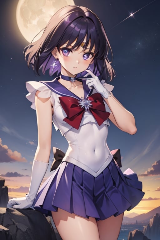 sailorsaturn, sailor saturn, (purple eyes:1.1), short hair, purple hair, circlet,BREAK brooch, choker, earrings, gloves, jewelry, magical girl, miniskirt, purple sailor collar, sailor collar, sailor senshi uniform, skirt, star choker, white gloves,BREAK outdoors, night, sky, star \(sky\), moon,BREAK looking at viewer, (cowboy shot:1.5),BREAK (masterpiece:1.2), best quality, high resolution, unity 8k wallpaper, (illustration:0.8), (beautiful detailed eyes:1.6), extremely detailed face, perfect lighting, extremely detailed CG, (perfect hands, perfect anatomy),