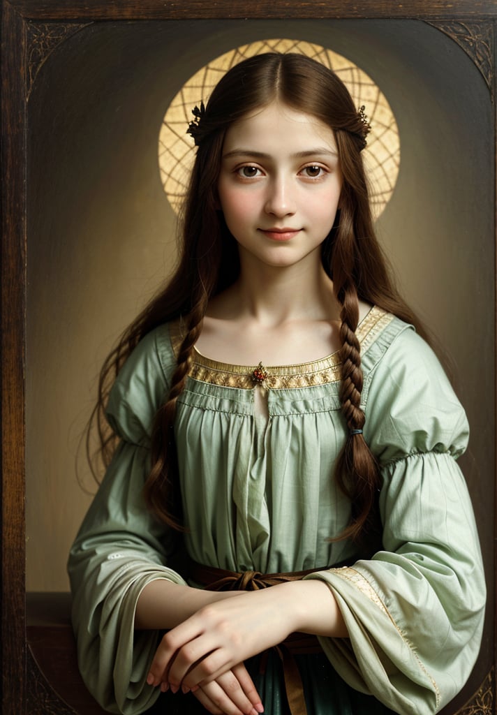 Renaissance portrait in the style of Leonardo da Vinci, upper body of a 5-year-old boy as Jesus Christ, sfumato technique, subtle gradations, enigmatic smile, muted earth tones, atmospheric perspective, detailed background landscape, chiaroscuro lighting, realistic child anatomy, intricate drapery of Renaissance clothing, oil on wood panel, high level of detail, masterful composition, soft ethereal glow, gentle facial features, flowing hair, delicate hands, serene and divine expression, robe in muted colors, subtle halo effect, pyramidal arrangement, naturalistic motion, dynamic human interaction, oil pigment, depth-of-field, sinuous figure