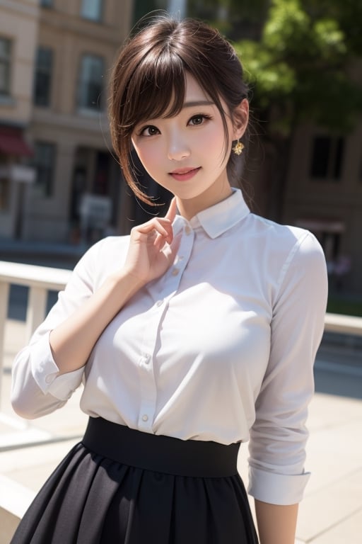 Masterpiece, top quality, official art, highly detailed CG Unity 8K wallpaper, like a , very delicate and beautiful, ultra high resolution, (photorealistic: 1.4), golden hour lighting, (upper body), (platinum shorthair: 0.8), (puffy eyes), looking at the viewer, facing the front, smiling, JK skirt, white dress, Shirt Lift Long Black Hair