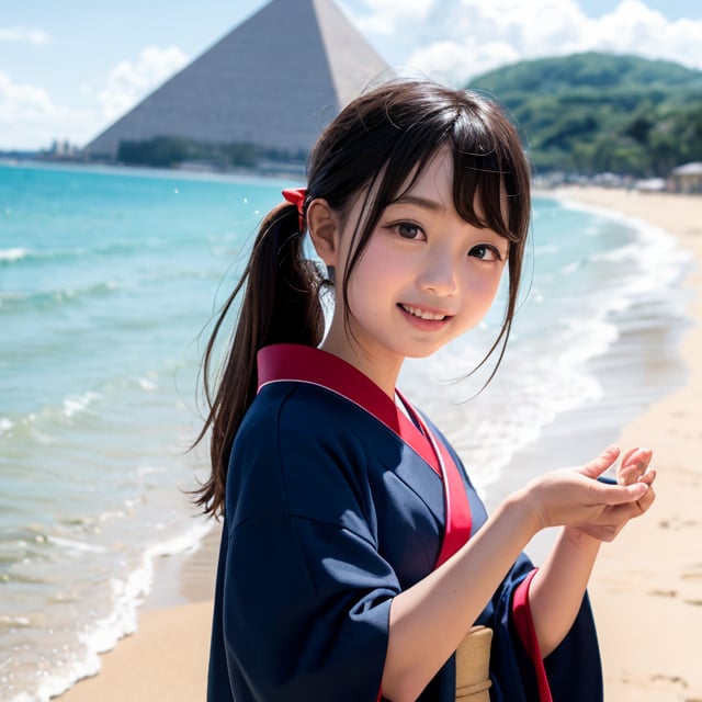 A six-year-old Japanese girl with long black hair, wearing a traditional kimono, stands in front of a camera, facing forward. She is standing on a bright, sunny beach by the sea, with soft sand beneath her feet and a majestic pyramid in the background. The girl's expression is one of joy and wonder, her eyes sparkling as she takes in the beauty of the beach and the pyramid. The lighting is bright and cheerful, casting a warm glow on the scene.