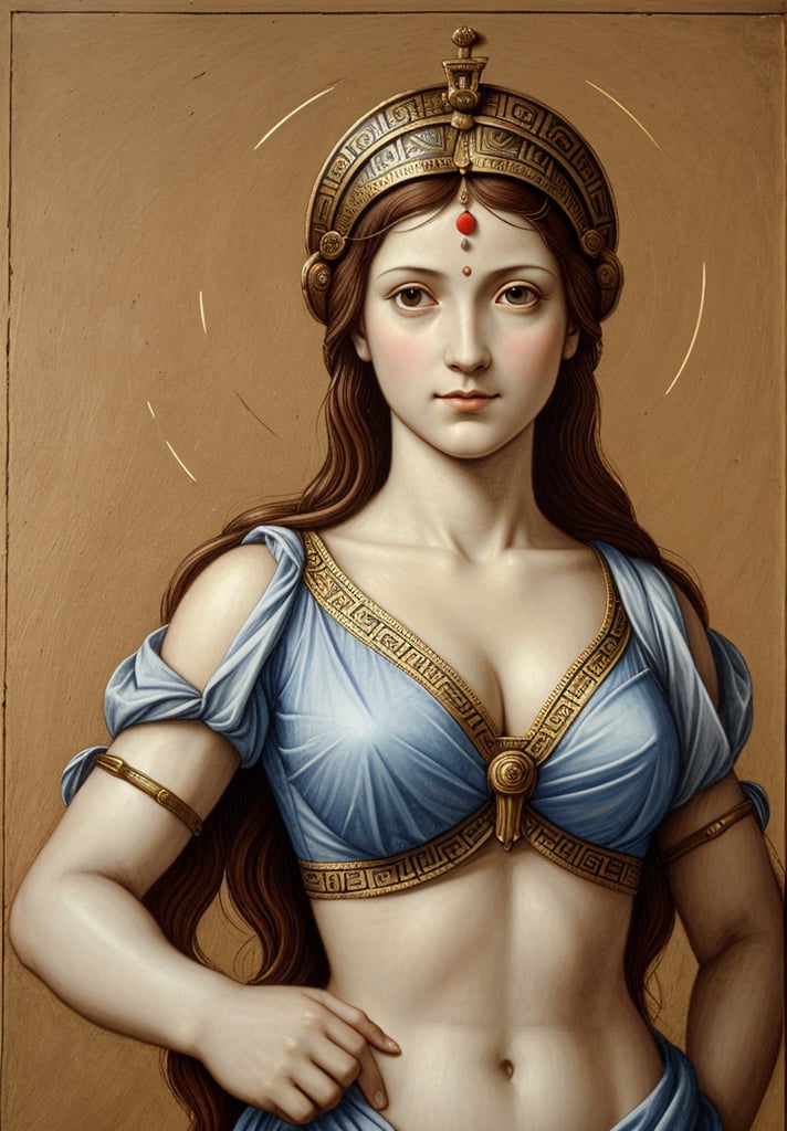 Create a portrait of Athena, the Greek goddess, wearing upper body attire, in the style of Leonardo da Vinci. Incorporate elements such as sfumato technique, realistic human anatomy, intricate drapery, and chiaroscuro lighting to capture the essence of the High Renaissance