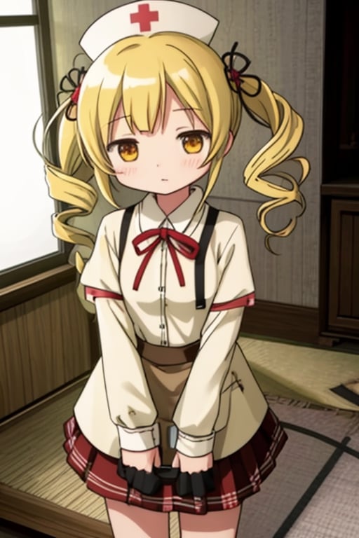 Create a stunning, high-resolution masterpiece of a solo young Japanese girl, around 6 years old, with blonde hair styled in twin drills and twintails, adorned with a cute hair ornament. Her bright yellow eyes sparkle with innocence and curiosity. She wears a traditional Japanese nurse uniform, including a collared shirt, pleated skirt, and a nurse's cap. Her expression is one of playfulness and wonder, capturing the charm and energy of a young child. Generate an image that is highly detailed and visually striking, with a focus on the character's youthful innocence and endearing personality. Highly detailed, masterpiece, 8K, 3D, photorealistic, 1 girl, solo, young, female, Japanese, nurse uniform, nurse's cap, playful expression, curious.