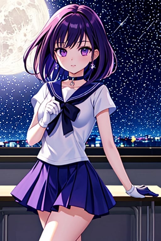 Generate a high-quality image of a 6-year-old Japanese schoolgirl in a classroom setting, dressed as Sailor Saturn. She should have purple eyes, short purple hair, and wear a circlet, brooch, choker, earrings, gloves, and a sailor senshi uniform with a miniskirt. The image should be set against a night sky with stars and a moon, and the girl should be looking directly at the viewer with a cowboy shot composition. The image should be a masterpiece with best quality, high resolution, and unity 8k wallpaper standards. The illustration should have beautiful, detailed eyes, an extremely detailed face, perfect lighting, and extremely detailed CG with perfect hands and anatomy. The background should be a beautiful, high-quality image of a school, with a focus on the girl as Sailor Saturn