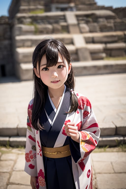 A six-year-old Japanese girl with long black hair, wearing a traditional kimono, stands in front of a camera, facing forward. She is standing in front of a massive ancient pyramid, its stone surface weathered and worn by time. The girl's expression is a mix of wonder and curiosity. The lighting is soft and warm, casting long shadows from the pyramid.