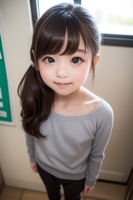 A masterpiece of a 6-year-old Japanese girl in a kindergarten, Very detailed, Full-body portrait, Standing with a slight smile, Wearing long pants and a cute off-the-shoulder knit sweatshirt, Black long hair, Symmetrical face, Realistic features, Big bright eyes with double eyelid, Innocent and curious expression, Soft and natural lighting, Gray background, Semi-backlit, Age 6.