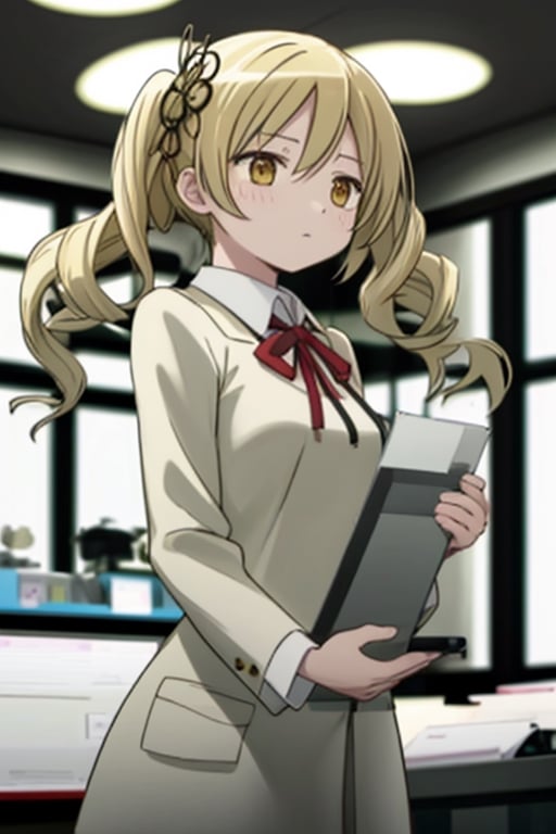 Create a stunning, high-resolution masterpiece of a solo young Japanese woman with blonde hair styled in twin drills and twintails, adorned with a professional-looking hair ornament. Her bright yellow eyes convey a sense of expertise and dedication. She wears a white lab coat over a collared shirt, indicating her role as a pharmacist. She holds a clipboard or tablet, signifying her engagement in her medical duties. Her expression is one of focused concentration, reflecting her professionalism and commitment to her work. Generate an image that is highly detailed and visually striking, with a focus on capturing the character's competence and authority in the pharmaceutical field. Highly detailed, masterpiece, 8K, 3D, photorealistic, 1 woman, solo, young, female, Japanese, lab coat, clipboard, tablet, serious expression, determined, authoritative.
