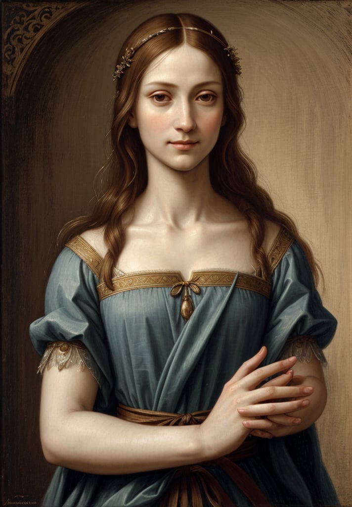 Renaissance portrait in the style of Leonardo da Vinci, upper body of Adam from the Garden of Eden, sfumato technique, subtle gradations, enigmatic smile, muted earth tones, atmospheric perspective, detailed background landscape, chiaroscuro lighting, realistic human anatomy, intricate drapery of Renaissance clothing, oil on wood panel, high level of detail, masterful composition, soft ethereal glow, gentle facial features, flowing hair, delicate hands, serene and contemplative expression, simple robe, subtle halo effect.