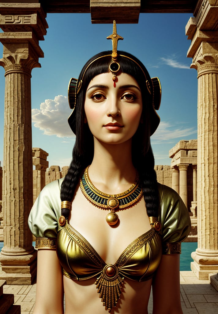 A High Renaissance style painting of the upper body of Cleopatra, the Egyptian queen, depicted in Leonardo da Vinci's distinctive style. The scene should feature intricate architectural details of ancient Egyptian temples and pyramids in the background, with Cleopatra in the foreground. Use the sfumato technique for soft transitions between colors and tones, creating a smoky effect without lines or borders. Include realistic human anatomy and natural elements like the Nile River. Emphasize Cleopatra's regal and enigmatic expression, capturing the complexity of her character. Incorporate da Vinci's fascination with light and shadow, creating a mysterious and ethereal atmosphere. Blend Renaissance aesthetics with ancient Egyptian architectural elements seamlessly. Pay attention to the subtle gradations in Cleopatra's facial features and clothing, mimicking da Vinci's meticulous approach to detail and scientific observation of light and form.