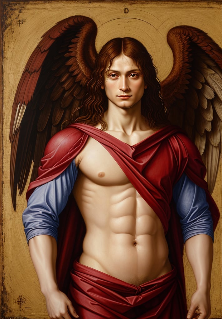 Create a portrait of Archangel Michael, wearing upper body attire, in the style of Leonardo da Vinci. Incorporate elements such as sfumato technique, realistic human anatomy, intricate drapery, and chiaroscuro lighting to capture the essence of the High Renaissance