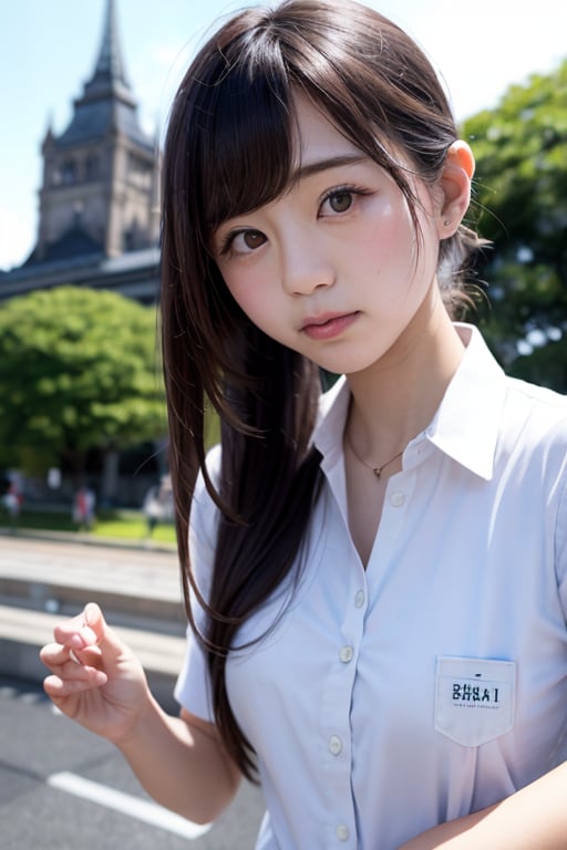 A young Japanese girl with long, raven-black hair standing in the foreground, facing the imposing National Diet Building in Tokyo. She wears a futuristic-inspired school uniform with clean lines and advanced materials, suggesting a vision of Japan's technological and societal progress. The girl's expression is one of determination and purpose, as she gazes up at the parliament building with a sense of civic engagement and pride in her country's democratic institutions. The scene conveys a feeling of optimism and hope for the future, with the girl representing the next generation of Japanese leaders and innovators.