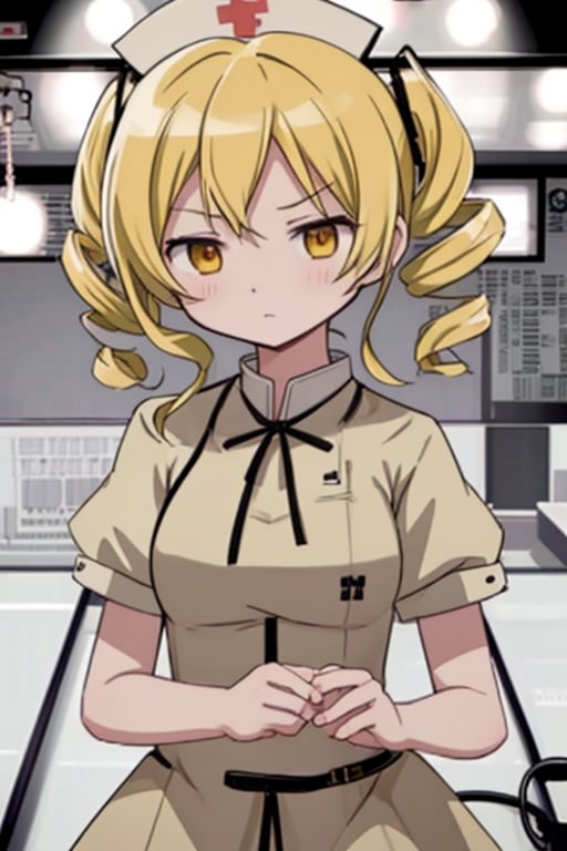 blonde_hair, drill_hair, twin_drills, twintails, hair_ornament, yellow_eyes, 1girl, nurse_uniform, medical_cap, stethoscope, serious_expression, determined, authoritative