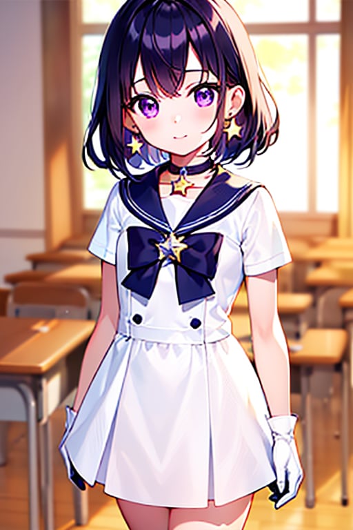  (A five-year-old girl:1.5),
 (Five years old:1.5),
 (infant:1.5),
 (little girl:1.5),
A beautiful and detailed illustration of a 6-year-old Japanese schoolgirl in a classroom setting, incorporating Sailor Saturn elements. She has short purple hair, purple eyes, and is wearing a magical girl outfit with a sailor senshi uniform, miniskirt, purple sailor collar, white gloves, circlet, brooch, choker, earrings, gloves, jewelry, and a star choker. The image should be in a high-quality, 8k resolution, with perfect lighting, extremely detailed CG, and perfect hands and anatomy. The girl should be looking at the viewer in a cowboy shot, with a natural light source and a school background. 
