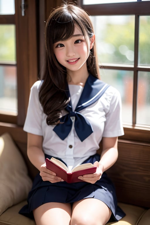 A beautiful elementary school girl with long, flowing black hair styled in elegant vertical rolls sits in a serene library, bathed in warm sunlight streaming through large windows. She is dressed in a classic elementary school uniform, either a sailor suit or a one-piece dress, and her captivating eyes sparkle with joy as she immerses herself in a captivating book. The scene is captured in high resolution and with the highest image quality, creating a realistic and heartwarming depiction of a young girl's love for reading.
