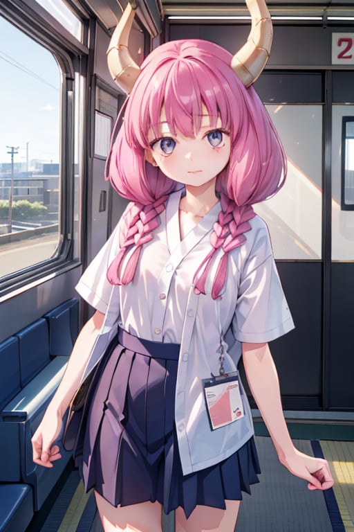 young, petite 6-year-old Japanese girl, gentle and kind expression,

 (Office worker clothes:1.3),

braid, twin braids, horns,

Inside a Japanese train, bright, sunny day,

photorealistic, ultra-high-resolution (8K),

looking at the viewer, cowboy shot,

aaaura,
