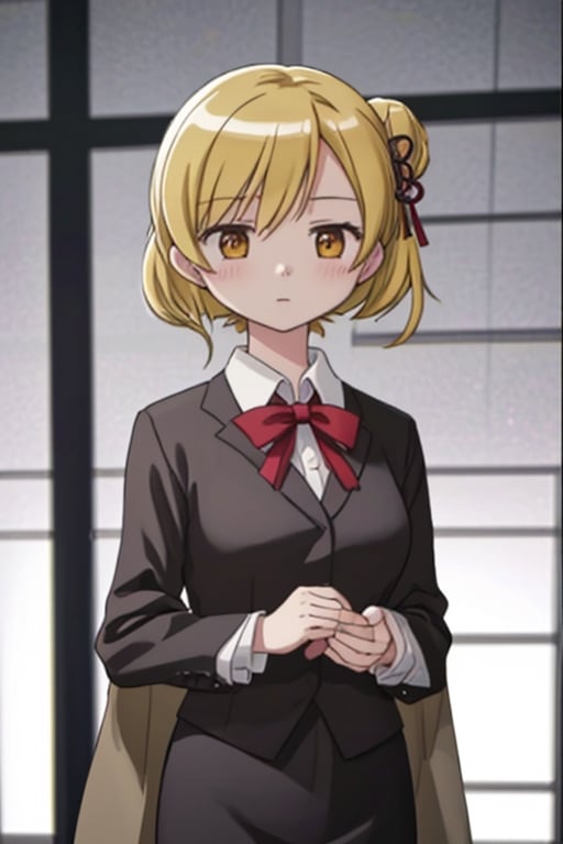 Create a stunning, high-resolution masterpiece of a solo young Japanese woman, around 25 years old, with blonde hair styled in a professional bun, adorned with a simple hairpin. Her bright yellow eyes sparkle with intelligence and ambition. She wears a traditional Japanese office lady (OL) outfit, including a collared blouse, pencil skirt, and a blazer. Her expression is one of confidence and determination, capturing the professionalism and competence of a successful businesswoman. Generate an image that is highly detailed and visually striking, with a focus on the character's mature beauty and strong personality. Highly detailed, masterpiece, 8K, 3D, photorealistic, 1 woman, solo, young, female, Japanese, OL outfit, blazer, confident expression, ambitious.