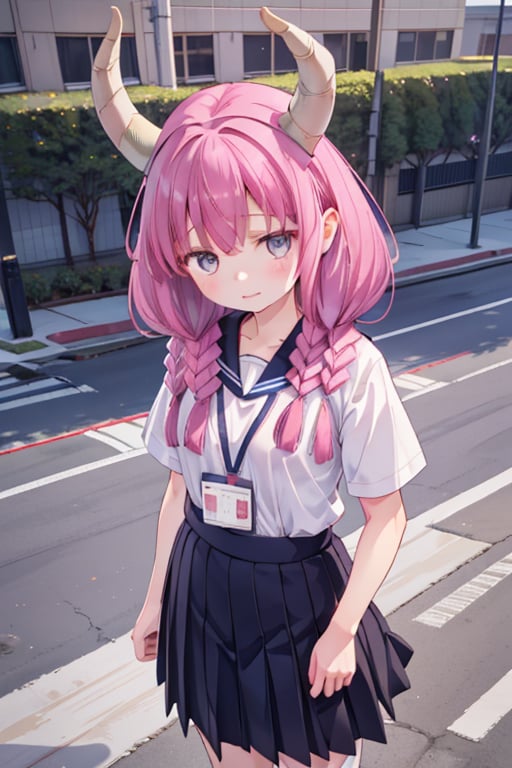 aaaura, braid, twin braids, horns, 

(Office worker clothes:1.3),

Create a photorealistic, ultra-high-resolution (8K) image of a young, petite 6-year-old Japanese girl with a gentle and kind expression. She should be wearing a nurse's uniform and standing on the rooftop of a school on a bright, sunny day.