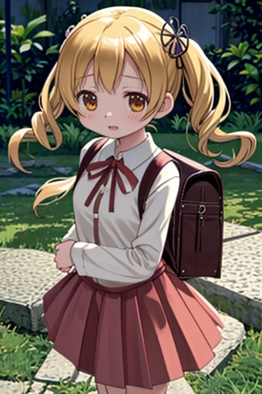 Create a stunning, high-resolution masterpiece of a solo young Japanese girl, around 6 years old, with blonde hair styled in twin drills and twintails, adorned with a cute hair ornament. Her bright yellow eyes sparkle with innocence and curiosity. She wears a traditional Japanese kindergarten uniform, including a collared shirt, pleated skirt, and a backpack. Her expression is one of playfulness and wonder, capturing the charm and energy of a young child. Generate an image that is highly detailed and visually striking, with a focus on the character's youthful innocence and endearing personality. Highly detailed, masterpiece, 8K, 3D, photorealistic, 1 girl, solo, young, female, Japanese, kindergarten uniform, backpack, playful expression, curious.