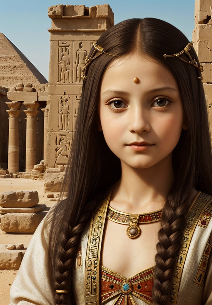 A painting of a 5-year-old girl in an ancient Egyptian city, depicted in Leonardo da Vinci's distinctive style. The scene should feature intricate architectural details of Egyptian temples and pyramids, with the girl in the foreground. Use sfumato technique for soft transitions between colors and tones. Include realistic human anatomy and natural elements like the Nile River. Emphasize the girl's curious expression and delicate features. Incorporate da Vinci's fascination with light and shadow, creating a mysterious atmosphere. Blend Renaissance and ancient Egyptian aesthetics seamlessly