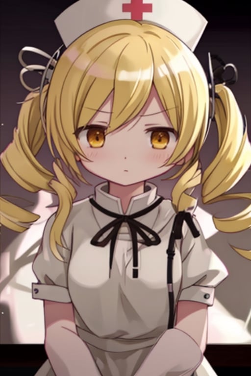 blonde_hair, drill_hair, twin_drills, twintails, hair_ornament, yellow_eyes, 1girl, nurse_uniform, medical_cap, stethoscope, serious_expression, determined, authoritative
