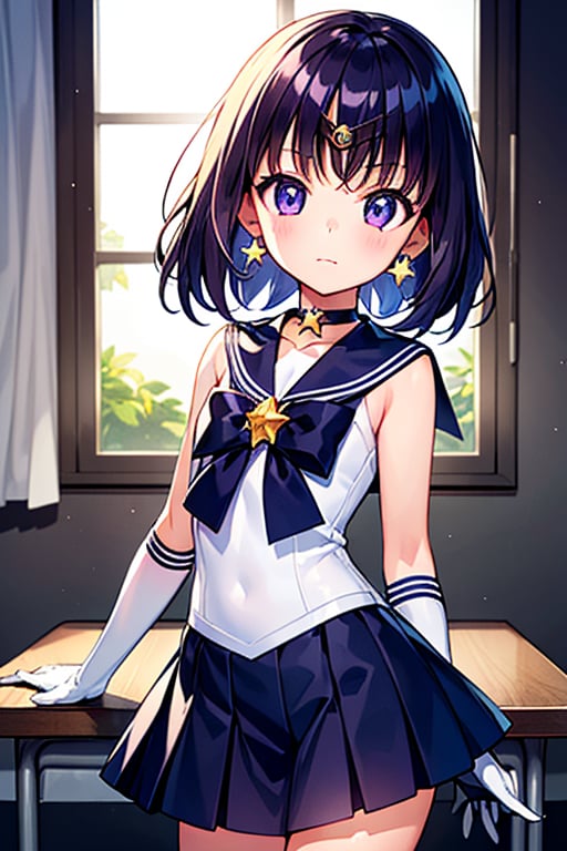  (A five-year-old girl:1.5),
 (Five years old:1.5),
 (infant:1.5),
 (little girl:1.5),
A beautiful and detailed illustration of a 6-year-old Japanese schoolgirl in a classroom setting, incorporating Sailor Saturn elements. She has short purple hair, purple eyes, and is wearing a magical girl outfit with a sailor senshi uniform, miniskirt, purple sailor collar, white gloves, circlet, brooch, choker, earrings, gloves, jewelry, and a star choker. The image should be in a high-quality, 8k resolution, with perfect lighting, extremely detailed CG, and perfect hands and anatomy. The girl should be looking at the viewer in a cowboy shot, with a natural light source and a school background. 