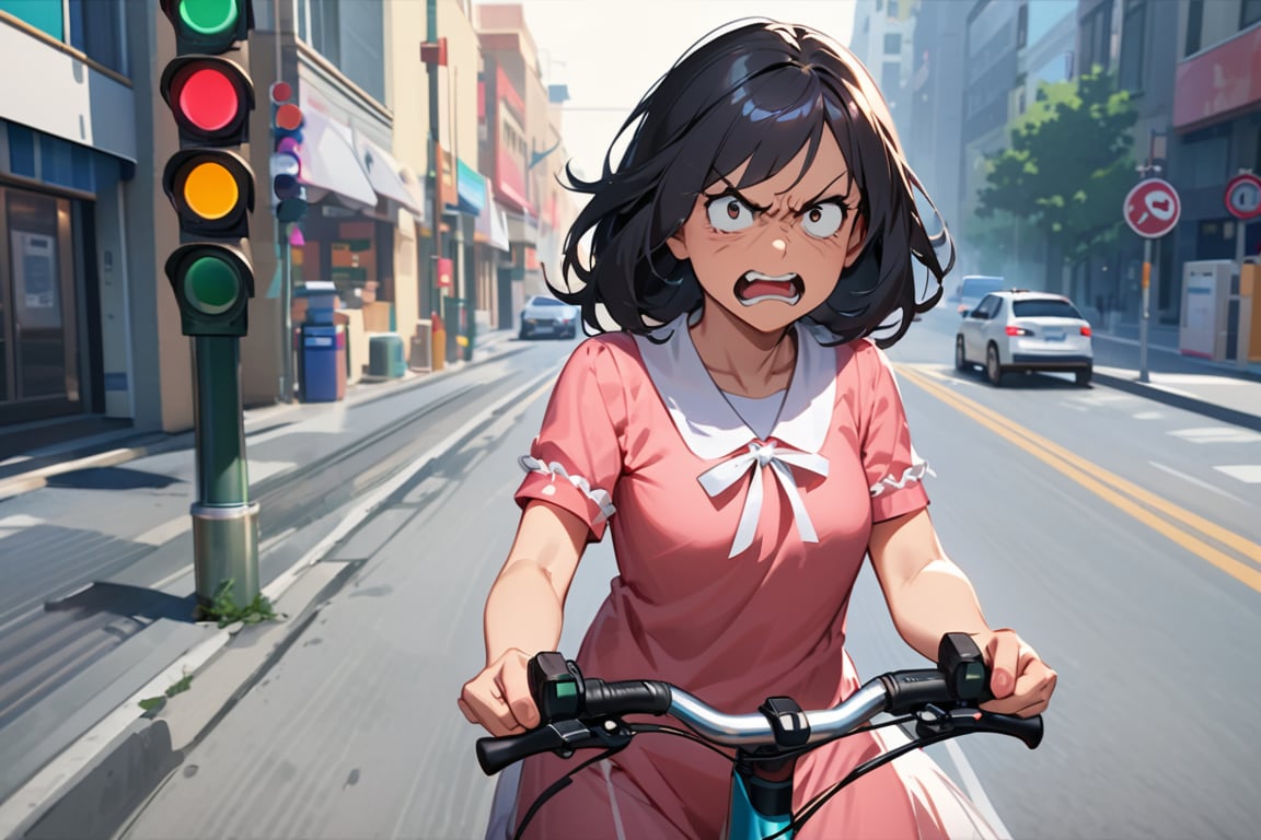 standing,

(cowboy shot:1.1),

A 30-year-old woman with black hair, looking angry, riding a bicycle. She is wearing typical housewife clothing, emphasizing her distinctive appearance. The shot is a cowboy shot, focusing on her upper body. The background features a bright, sunny day at a traffic intersection with visible traffic lights. The image should be insanely detailed and ultra-detailed