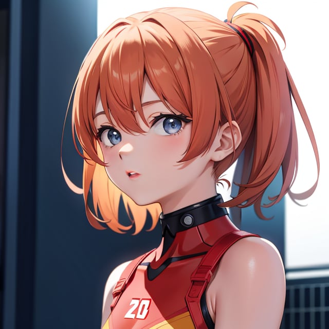 Upper body portrait of 6-year-old Asuka Langley Soryu from Neon Genesis Evangelion, young child, blue eyes, orange hair, hair between eyes, cute expression, childlike features, (no interface headset), wearing her red plugsuit, outdoors, looking at viewer, innocent pose, Tokyo Tower in the background, bright sunny day, 8K resolution, photorealistic, natural lighting, highly detailed, sharp focus