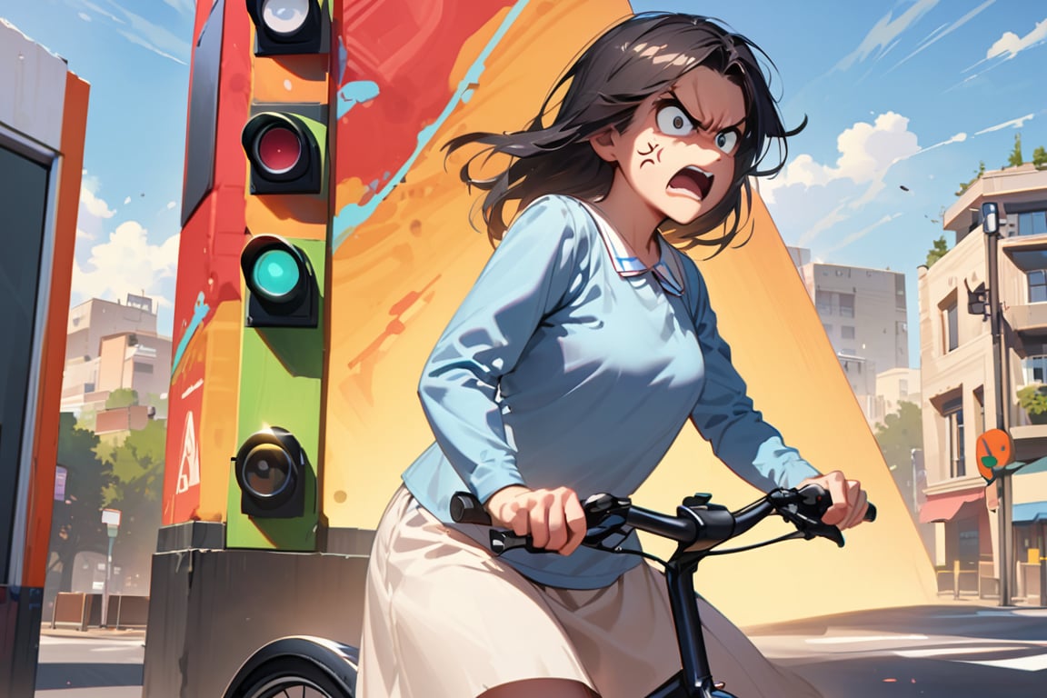 standing,

(cowboy shot:1.1),

A 20-year-old woman with black hair, looking angry, riding a bicycle. She is wearing typical housewife clothing, emphasizing her distinctive appearance. The shot is a cowboy shot, focusing on her upper body. The background features a bright, sunny day at a traffic intersection with visible traffic lights. The image should be insanely detailed and ultra-detailed