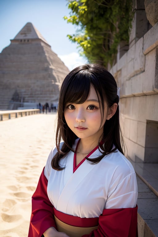 A photorealistic portrait of a six-year-old Japanese girl with black hair wearing a traditional kimono standing in front of an ancient Egyptian pyramid. The girl is facing the camera with her entire body, her expression is natural and relaxed. The pyramid is depicted in the background in detail, with its iconic shape and weathered stones. The lighting is warm and golden, casting long shadows across the sand. 

