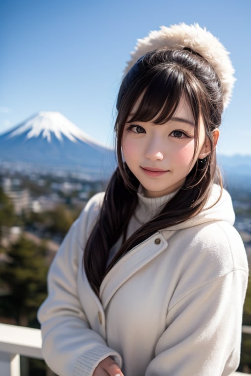 A beautiful elementary school girl with long, flowing black hair styled in elegant vertical rolls and captivating eyes stands atop Mount Fuji, marveling at the breathtaking panorama. She wears warm winter clothing, including a down jacket, hat, and gloves, to protect her from the cold. Her expression reflects a mix of awe, wonder, and joy as she takes in the majestic scenery. She could be gazing out at the snow-capped peaks, playing in the snow, or posing for a photo with the iconic mountain as her backdrop. The scene is captured in high resolution and with the highest image quality, creating a realistic and awe-inspiring depiction of a young girl experiencing the grandeur of Mount Fuji.