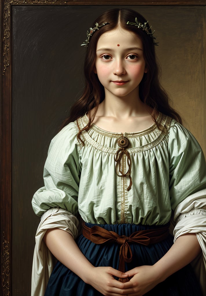 Renaissance portrait in the style of Leonardo da Vinci, upper body of a 5-year-old boy as Jesus Christ, sfumato technique, subtle gradations, enigmatic smile, muted earth tones, atmospheric perspective, detailed background landscape, chiaroscuro lighting, realistic child anatomy, intricate drapery of Renaissance clothing, oil on wood panel, high level of detail, masterful composition, soft ethereal glow, gentle facial features, flowing hair, delicate hands, serene and divine expression, robe in muted colors, subtle halo effect