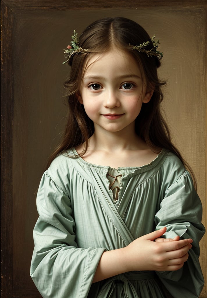 Renaissance portrait in the style of Leonardo da Vinci, upper body of a 5-year-old boy as young Jesus Christ, sfumato technique, subtle gradations, enigmatic smile, muted earth tones, atmospheric perspective, detailed background landscape, chiaroscuro lighting, realistic child anatomy, intricate drapery of Renaissance clothing, oil on wood panel, high level of detail, masterful composition, soft ethereal glow, gentle facial features, flowing hair, delicate hands, serene and innocent expression, simple robe, subtle halo effect
