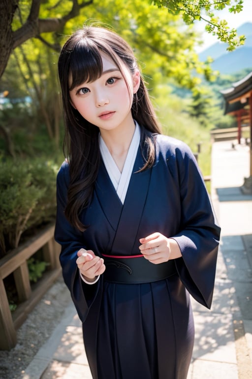 A beautiful black elementary school girl with long, flowing black hair styled in elegant vertical rolls and captivating eyes stands before the majestic Mount Fuji in ancient times. She wears traditional Japanese clothing (like a kimono, hakama, or linen garments). Her expression reveals a mixture of awe, wonder, and reverence as she gazes up at the towering mountain. She could be looking up at the peak, walking through the grasslands at the foot of the mountain, or offering prayers at an ancient shrine. The scene is captured in high resolution and with the highest image quality, creating a realistic and captivating depiction of a young girl experiencing the grandeur of nature in ancient Japan.