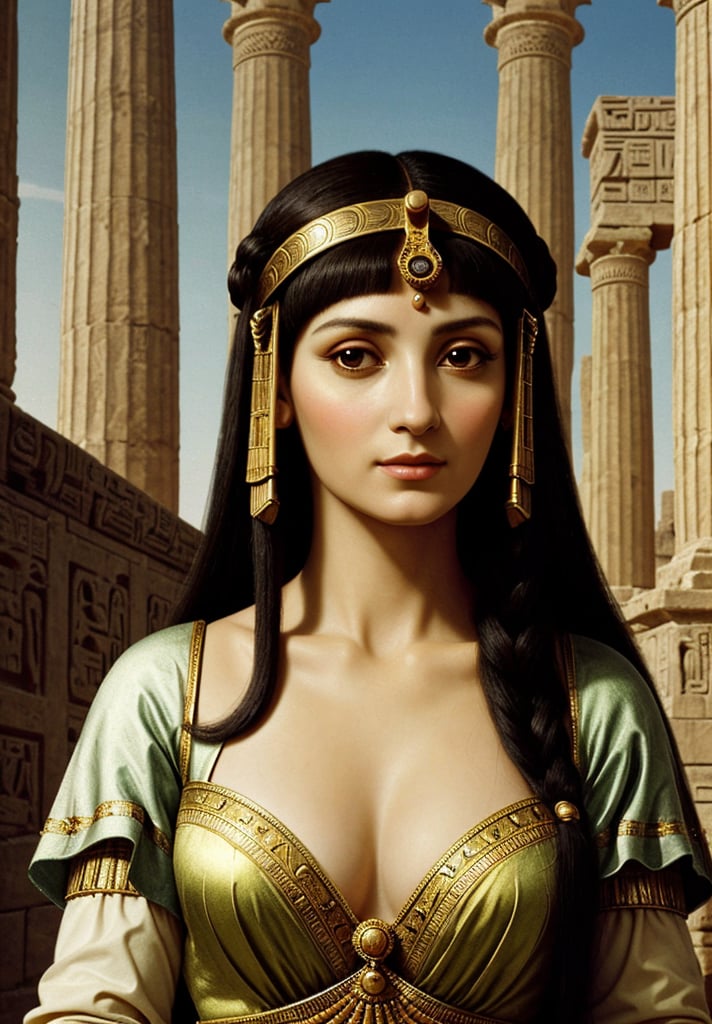 A High Renaissance style painting of the upper body of Cleopatra, the Egyptian queen, depicted in Leonardo da Vinci's distinctive style. The scene should feature intricate architectural details of ancient Egyptian temples and pyramids in the background, with Cleopatra in the foreground. Use the sfumato technique for soft transitions between colors and tones, creating a smoky effect without lines or borders. Include realistic human anatomy and natural elements like the Nile River. Emphasize Cleopatra's regal and enigmatic expression, capturing the complexity of her character. Incorporate da Vinci's fascination with light and shadow, creating a mysterious and ethereal atmosphere. Blend Renaissance aesthetics with ancient Egyptian architectural elements seamlessly. Pay attention to the subtle gradations in Cleopatra's facial features and clothing, mimicking da Vinci's meticulous approach to detail and scientific observation of light and form.