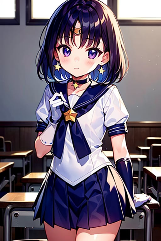  (A five-year-old girl:1.5),
 (Five years old:1.5),
 (infant:1.5),
 (little girl:1.5),
A beautiful and detailed illustration of a 6-year-old Japanese schoolgirl in a classroom setting, incorporating Sailor Saturn elements. She has short purple hair, purple eyes, and is wearing a magical girl outfit with a sailor senshi uniform, miniskirt, purple sailor collar, white gloves, circlet, brooch, choker, earrings, gloves, jewelry, and a star choker. The image should be in a high-quality, 8k resolution, with perfect lighting, extremely detailed CG, and perfect hands and anatomy. The girl should be looking at the viewer in a cowboy shot, with a natural light source and a school background. 