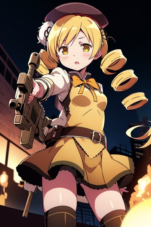 best quality, masterpiece, highres, solo, blonde_hair, drill_hair, twin_drills, twintails, hair_ornament, yellow_eyes, magical_girl, 1girl, beret, gun, hat, parody, weapon, open_mouth