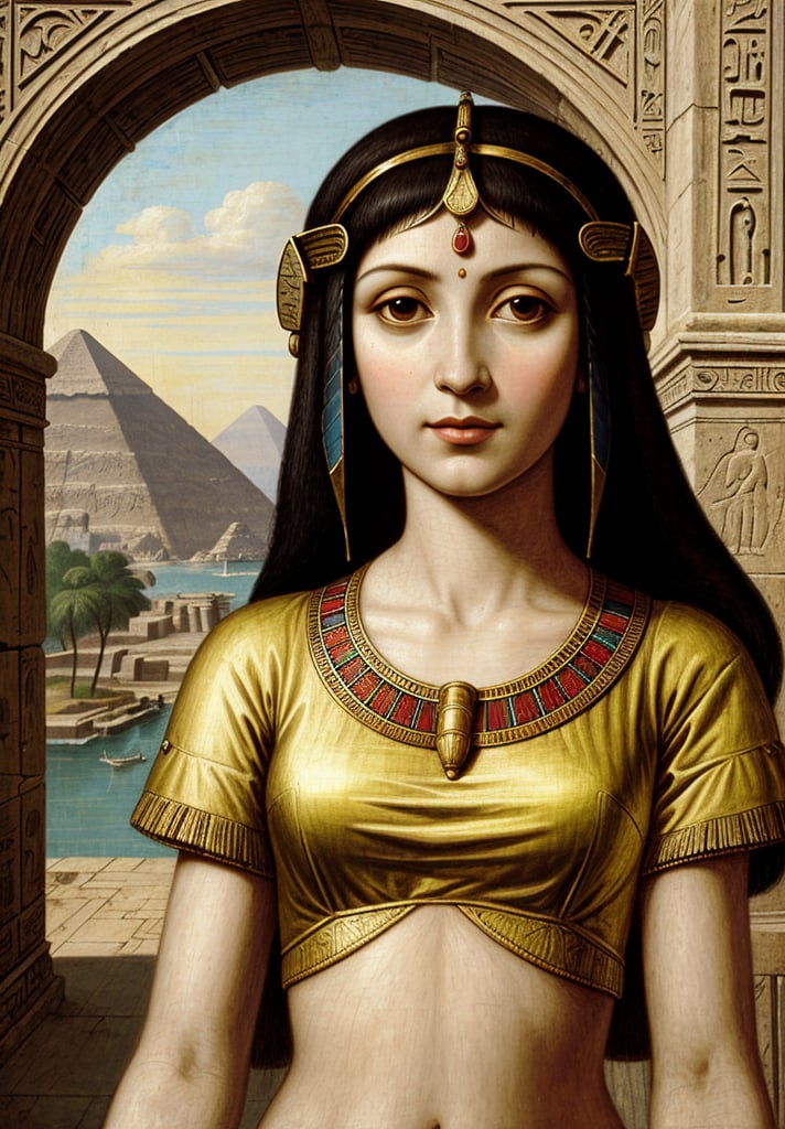 A High Renaissance style painting of the upper body of Cleopatra, the Egyptian queen, depicted in Leonardo da Vinci's distinctive style. The scene should feature intricate architectural details of ancient Egyptian temples and pyramids in the background, with Cleopatra in the foreground. Use the sfumato technique for soft transitions between colors and tones, creating a smoky effect without lines or borders. Include realistic human anatomy and natural elements like the Nile River. Emphasize Cleopatra's regal and enigmatic expression, capturing the complexity of her character. Incorporate da Vinci's fascination with light and shadow, creating a mysterious and ethereal atmosphere. Blend Renaissance aesthetics with ancient Egyptian architectural elements seamlessly. Pay attention to the subtle gradations in Cleopatra's facial features and clothing, mimicking da Vinci's meticulous approach to detail and scientific observation of light and form.